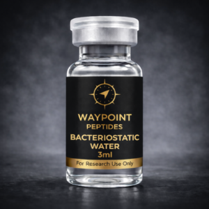 A vial with a label BACTERIOSTATIC WATER 3ml, For Research Use Only