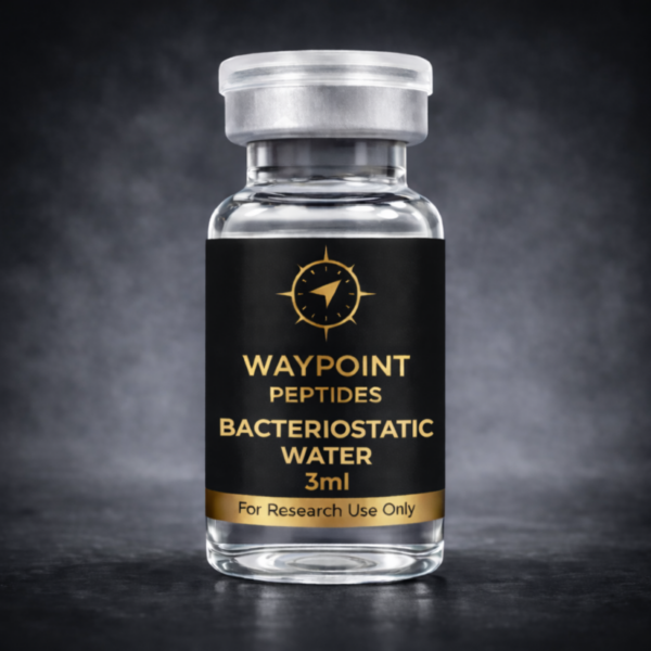 A vial with a label BACTERIOSTATIC WATER 3ml, For Research Use Only