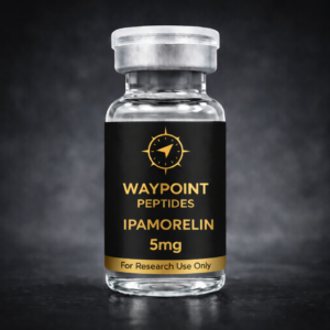 A vial with the label Ipamorelin 5mg, For Research Use Only