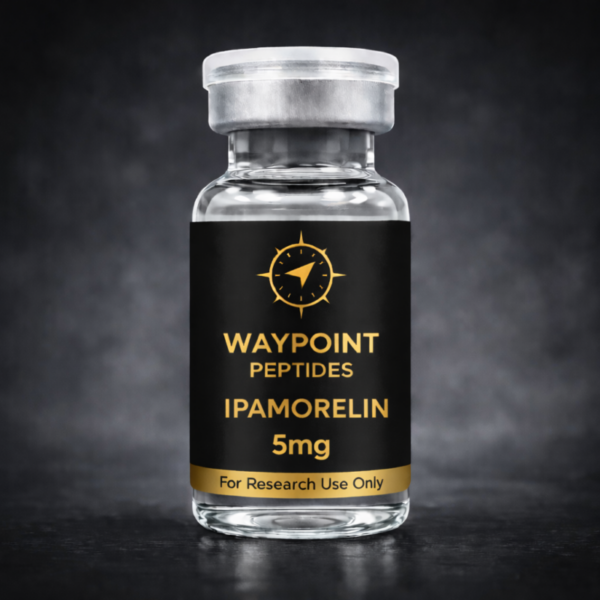 A vial with the label Ipamorelin 5mg, For Research Use Only